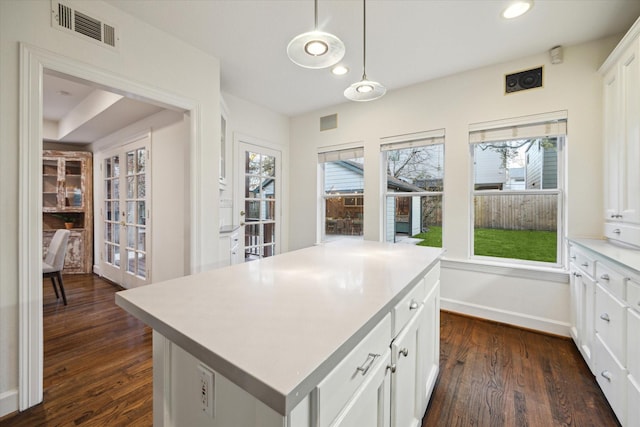 kitchen featuring white cabinetry, dark wood-style floors, visible vents, and a wealth of natural light