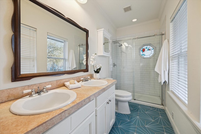 full bath with a stall shower, ornamental molding, visible vents, and a sink