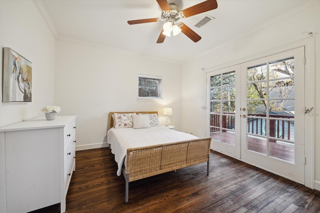 bedroom with access to exterior, visible vents, ornamental molding, and dark wood-style flooring