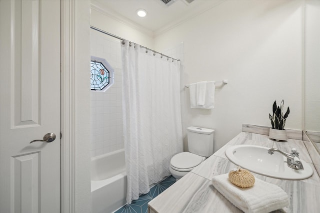 full bathroom featuring shower / bathtub combination with curtain, toilet, vanity, and tile patterned flooring