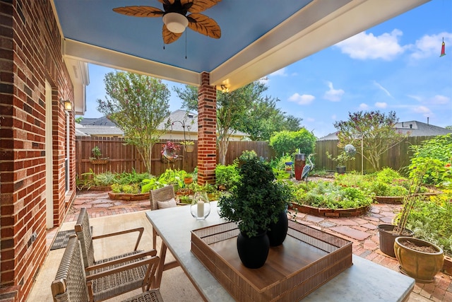 view of patio featuring a ceiling fan and a fenced backyard