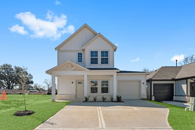 11837 E Gate Dr, Willis, TX 77318 - view of front of property with driveway, an attached garage, a front lawn, and board and batten siding