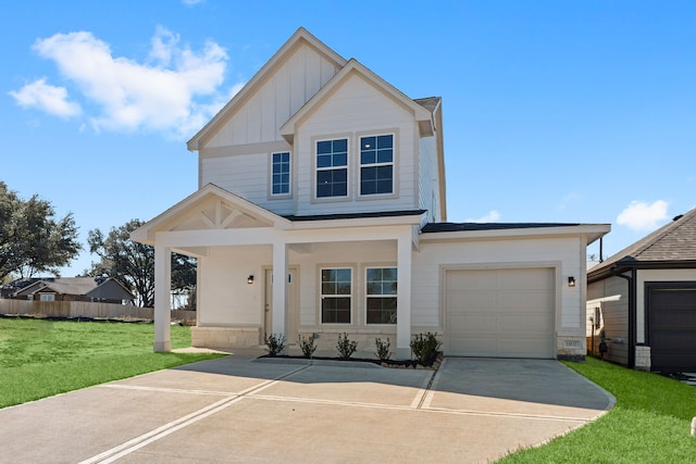 11837 E Gate Dr, Willis, TX 77318 - craftsman inspired home with board and batten siding, fence, concrete driveway, a front yard, and an attached garage