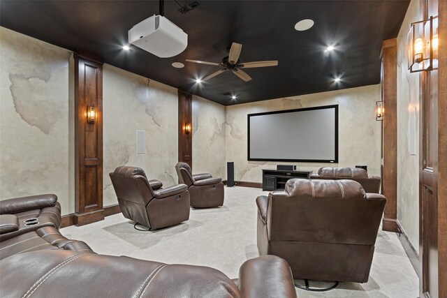 cinema featuring recessed lighting, light carpet, and ceiling fan