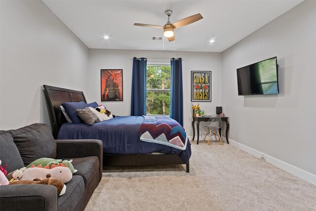 carpeted bedroom featuring recessed lighting, visible vents, baseboards, and ceiling fan