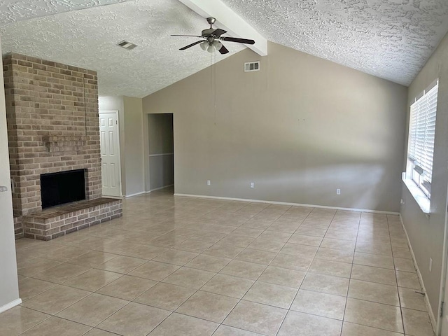 unfurnished living room featuring light tile patterned floors, visible vents, lofted ceiling with beams, a fireplace, and ceiling fan