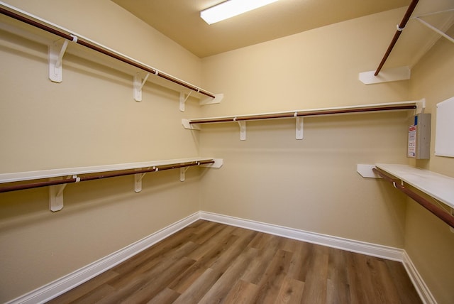 walk in closet with wood finished floors