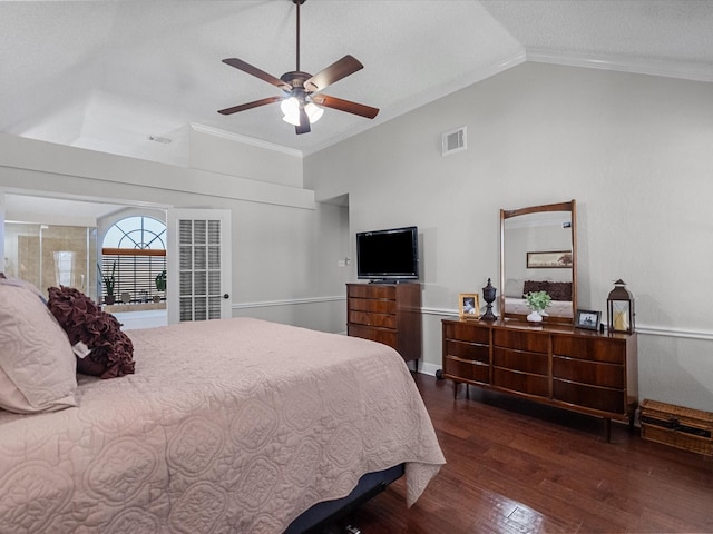 bedroom with visible vents, a ceiling fan, wood finished floors, crown molding, and vaulted ceiling