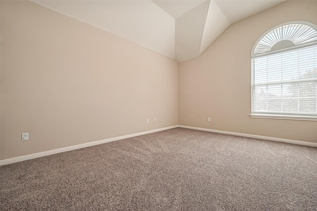 empty room featuring baseboards, lofted ceiling, and carpet floors