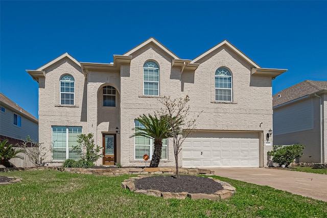 traditional-style house featuring a front lawn, an attached garage, driveway, and fence