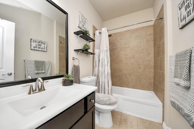 full bath with tile patterned flooring, shower / tub combo, toilet, and vanity