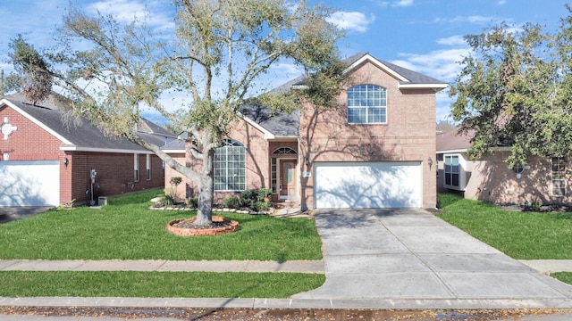 traditional-style house with driveway, an attached garage, a front lawn, and a shingled roof