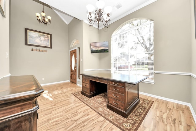 office with visible vents, a notable chandelier, ornamental molding, baseboards, and vaulted ceiling