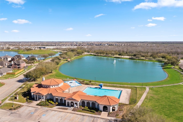 aerial view featuring a water view