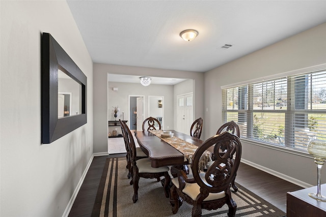 dining room with visible vents, baseboards, and dark wood finished floors