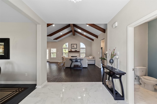 hall featuring baseboards, high vaulted ceiling, recessed lighting, beamed ceiling, and marble finish floor