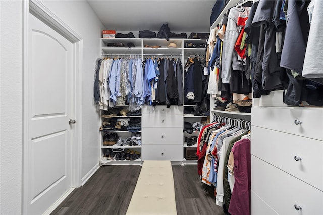 walk in closet with wood finished floors