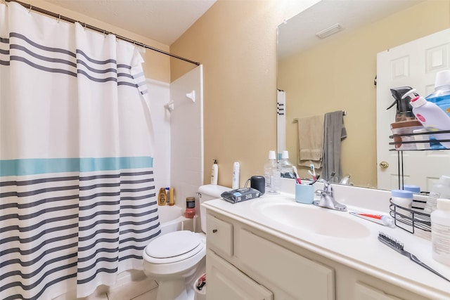 full bath featuring vanity, shower / tub combo, toilet, and visible vents