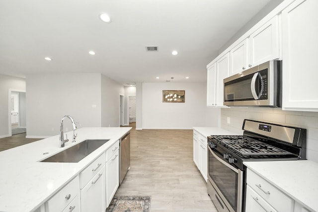 kitchen with visible vents, a sink, decorative backsplash, appliances with stainless steel finishes, and white cabinetry