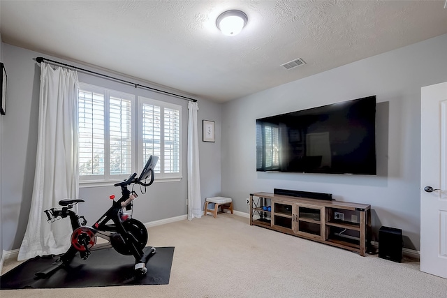 exercise area featuring visible vents, baseboards, carpet, and a textured ceiling