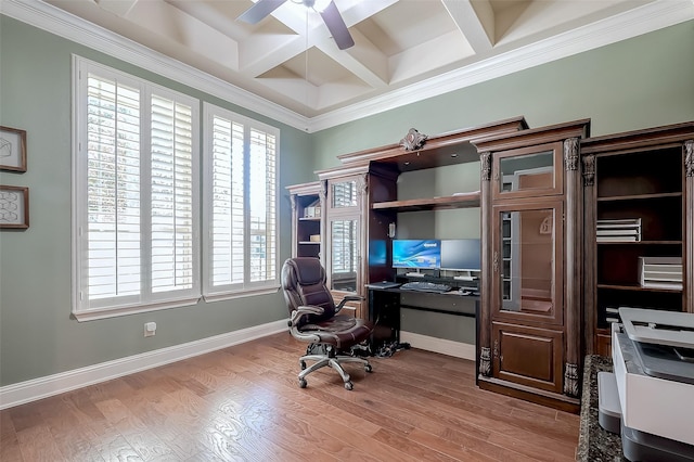 office with wood finished floors, baseboards, coffered ceiling, beam ceiling, and ceiling fan