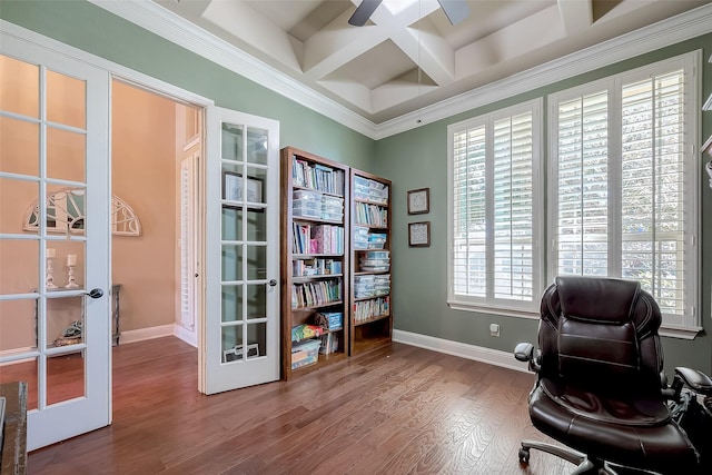 office space featuring wood finished floors, french doors, baseboards, and coffered ceiling