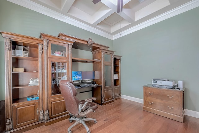 office area with light wood finished floors, baseboards, ornamental molding, beam ceiling, and coffered ceiling