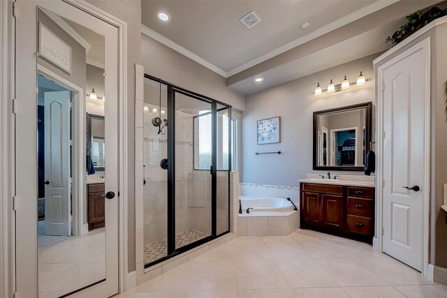 full bathroom featuring vanity, a stall shower, ornamental molding, tile patterned flooring, and a bath