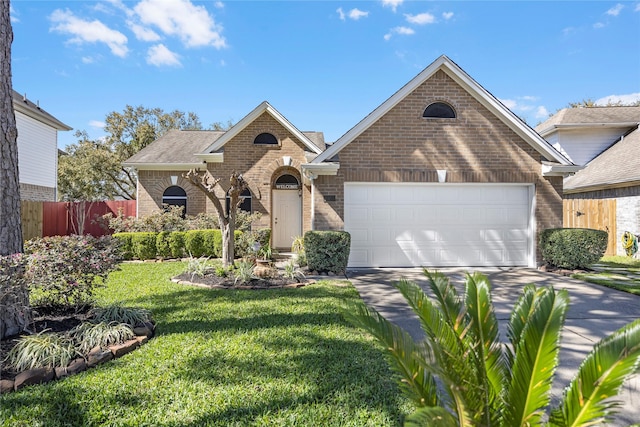 view of front facade with brick siding, a front lawn, fence, concrete driveway, and a garage