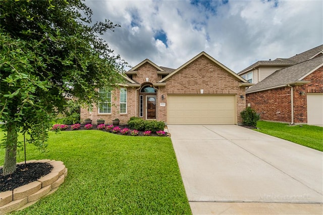 single story home with brick siding, an attached garage, driveway, and a front lawn