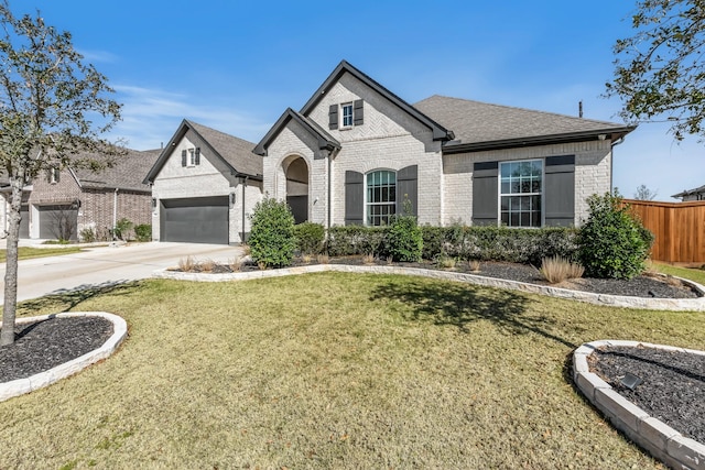 french country inspired facade with brick siding, a shingled roof, a front lawn, fence, and driveway