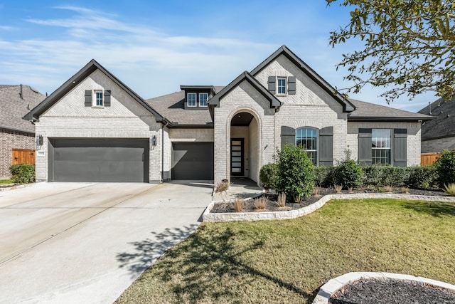 french country inspired facade with a front lawn, a garage, brick siding, and driveway