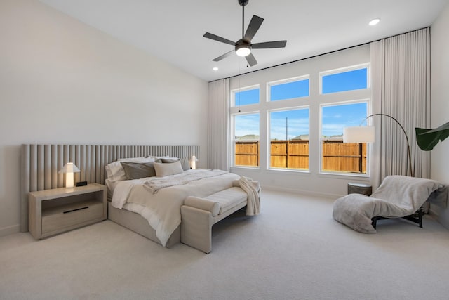 bedroom with carpet flooring, recessed lighting, baseboards, and ceiling fan