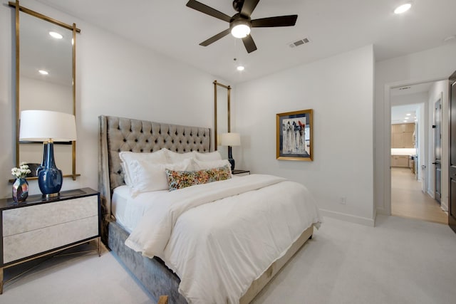 bedroom with recessed lighting, visible vents, carpet floors, and a ceiling fan