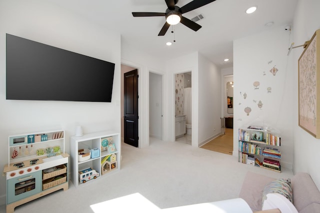 rec room with recessed lighting, visible vents, carpet, and a ceiling fan