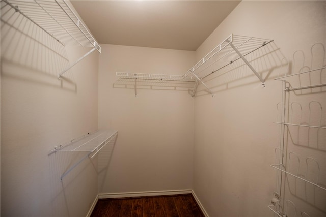 spacious closet with dark wood-style flooring