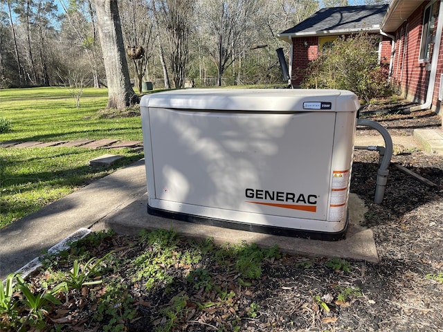 exterior details featuring brick siding and a power unit