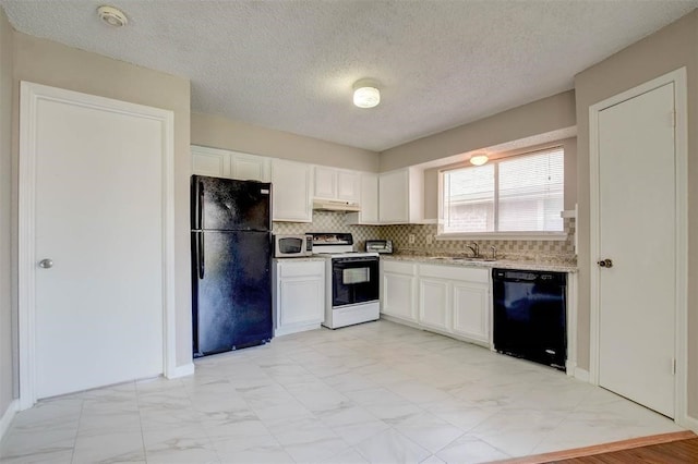 12400 Overbrook Ln Unit 45C, Houston, TX 77077 - kitchen with black appliances, under cabinet range hood, a sink, backsplash, and white cabinets