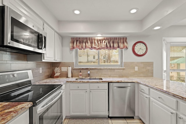 kitchen featuring a sink, white cabinets, and stainless steel appliances