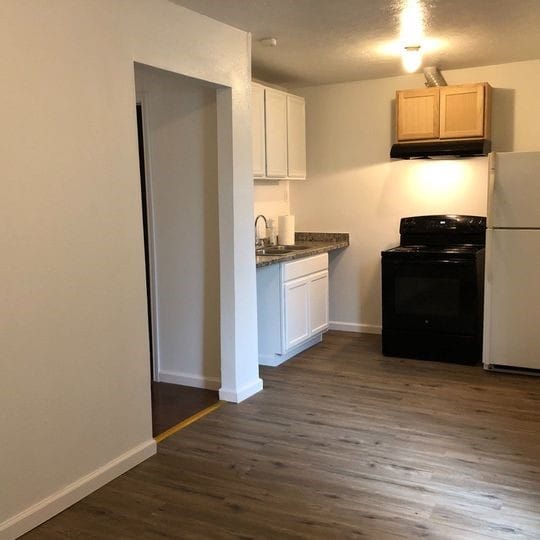 kitchen with black / electric stove, dark wood-style floors, freestanding refrigerator, a sink, and under cabinet range hood