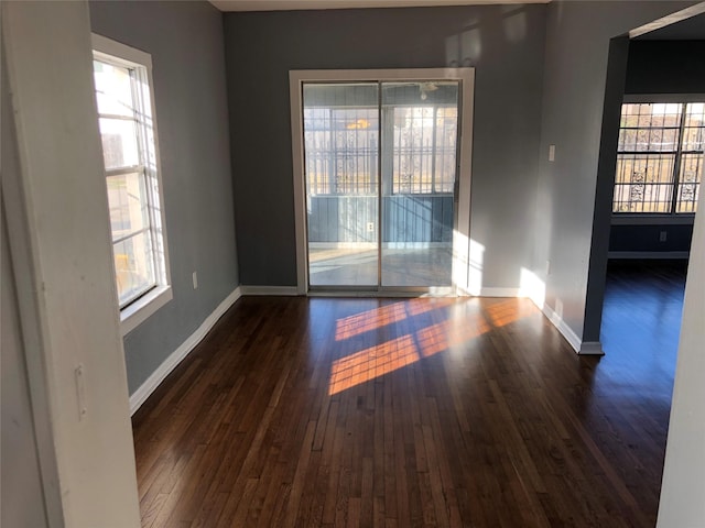 empty room featuring baseboards, wood-type flooring, and a healthy amount of sunlight