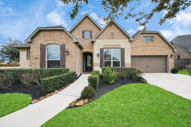 view of front of property featuring a garage, brick siding, concrete driveway, and a front yard