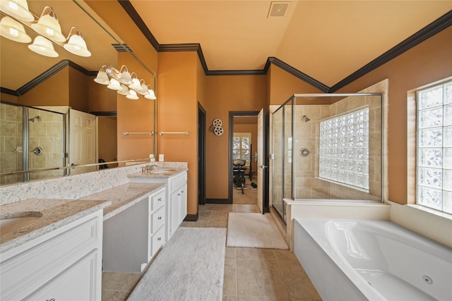 full bath featuring vanity, ornamental molding, visible vents, and a stall shower