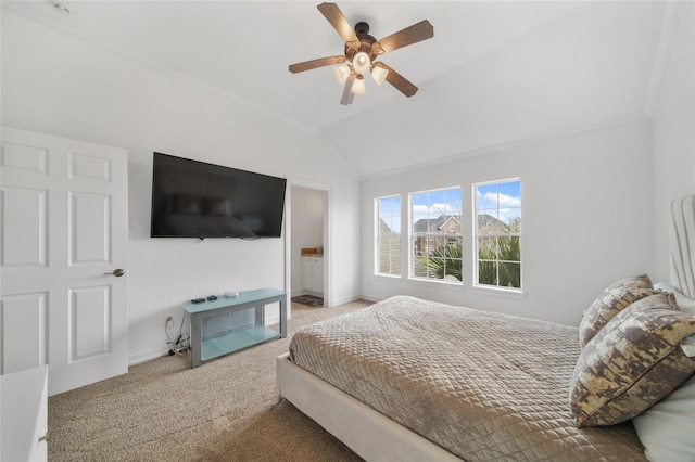 carpeted bedroom with baseboards, lofted ceiling, and ceiling fan