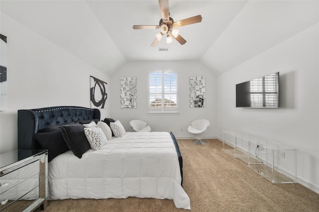 bedroom featuring visible vents, ceiling fan, baseboards, carpet, and vaulted ceiling