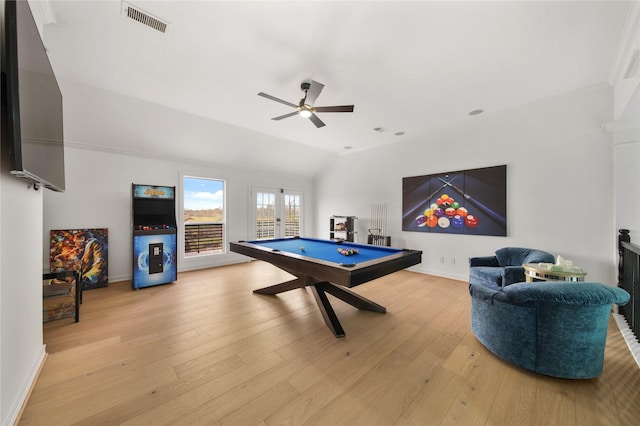 game room featuring light wood finished floors, visible vents, baseboards, lofted ceiling, and billiards