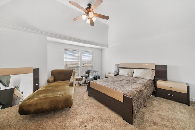 bedroom featuring carpet flooring, a ceiling fan, and vaulted ceiling