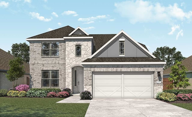 view of front of house featuring a front yard, a shingled roof, concrete driveway, a garage, and stone siding