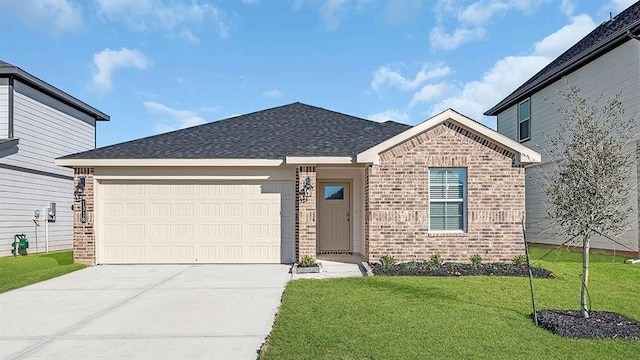 view of front facade featuring brick siding, a shingled roof, concrete driveway, a front yard, and a garage