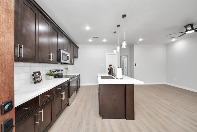 kitchen with visible vents, light wood-style flooring, a sink, stainless steel appliances, and decorative backsplash